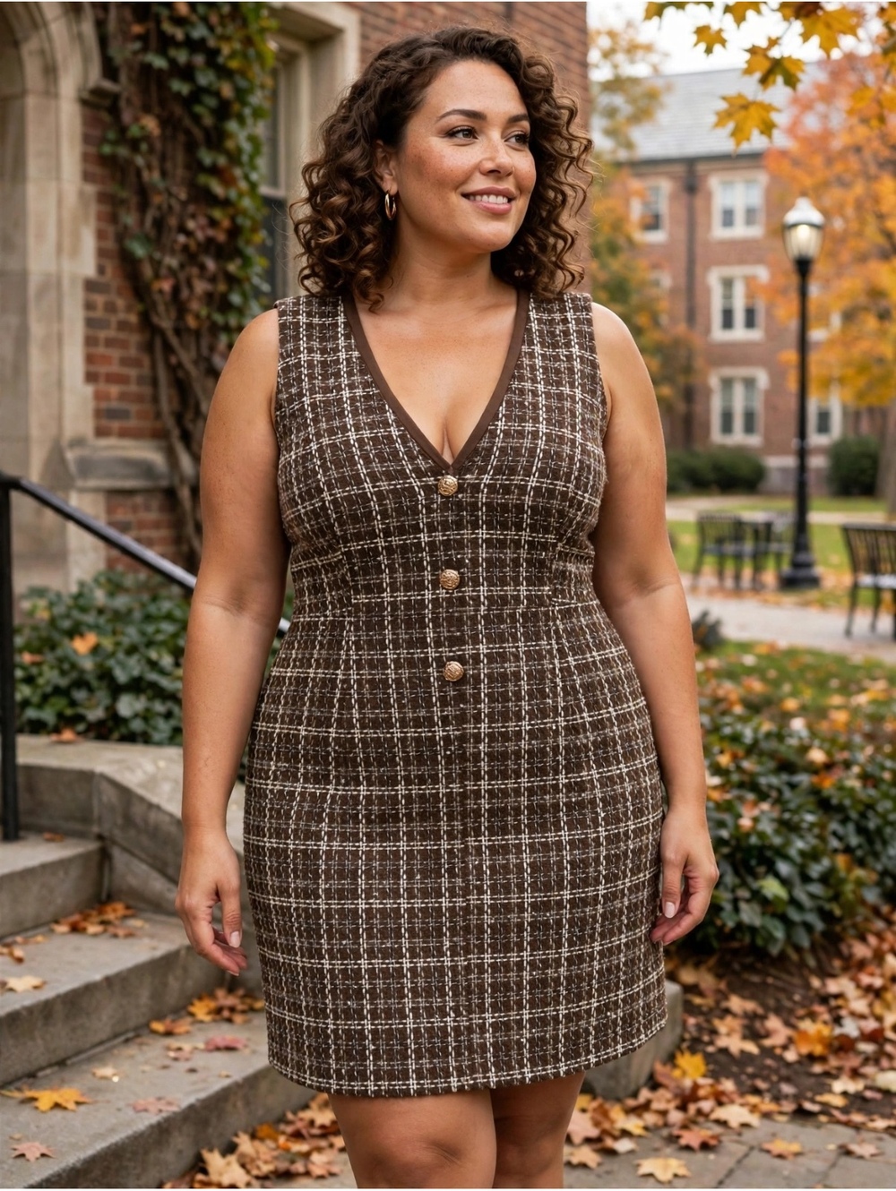 Brown Tweed Collegiate Dress Gold Buttons Plus Size 1X